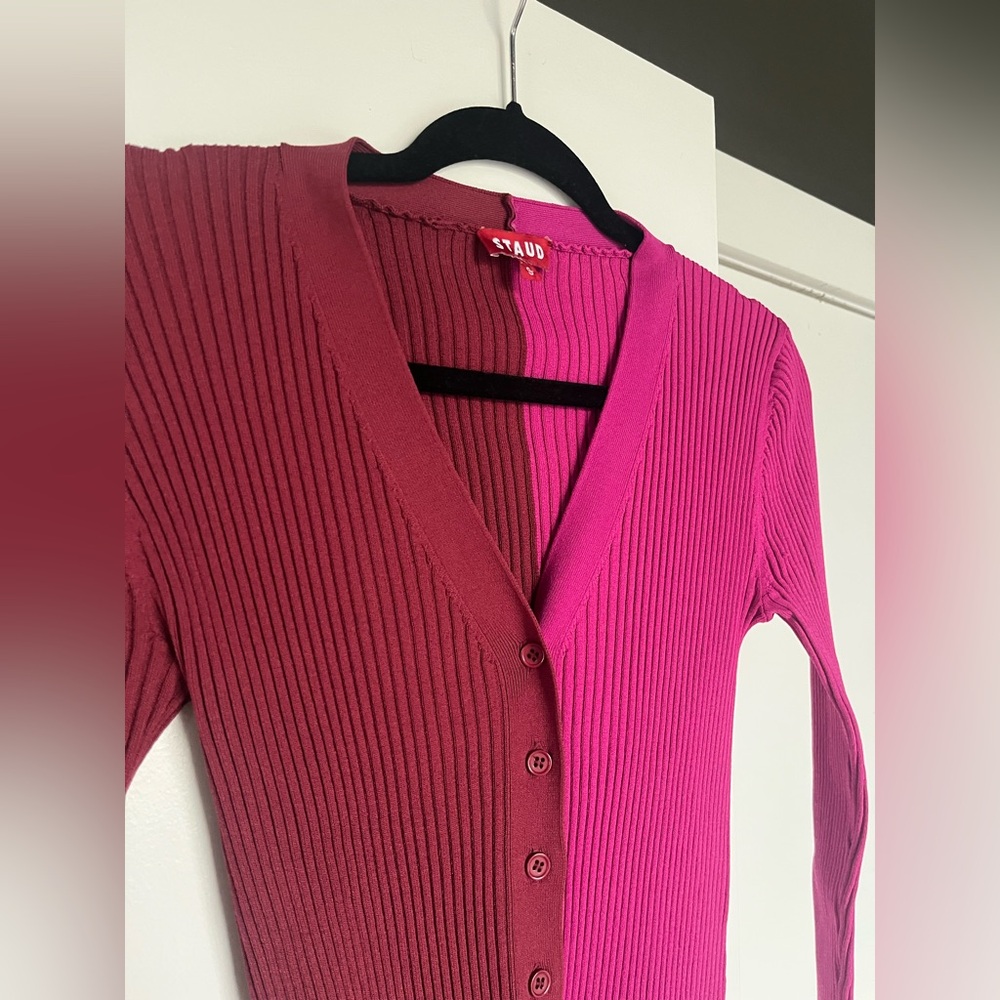 STAUD Shoko Colorblocked Midi-Dress (S) Pink & Red